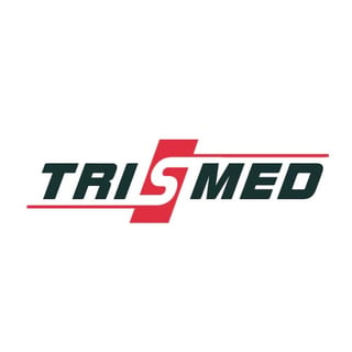 TriMed logo with teal italic text and red geometric shape in center on white background