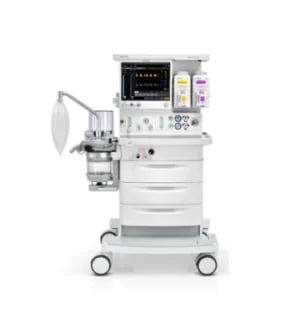 Medical anesthesia machine with monitor, control panel, and breathing circuit on wheeled cart