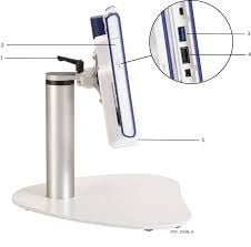 Stainless steel document holder with adjustable viewing angle on white base, shown with detail callout of control buttons