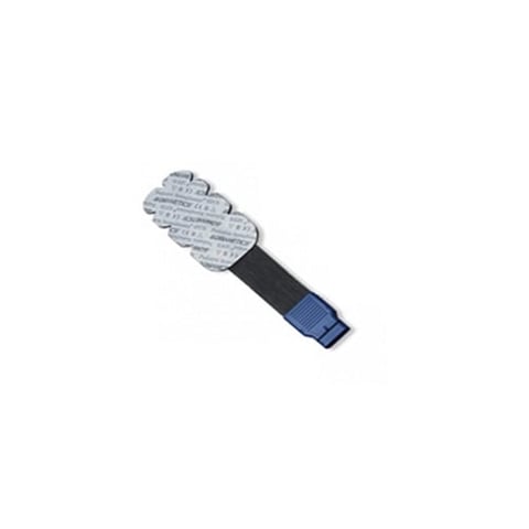 Pet grooming glove with textured gray palm and black wrist strap on white background