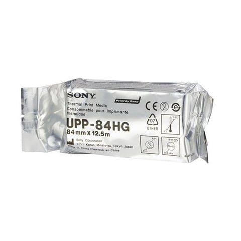Sony UPP-84HG thermal print media roll, 84mm x 12.5m, in white packaging with specifications