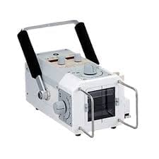 White portable fog machine with black handles and control panel on top