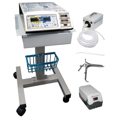 Medical diagnostic equipment set including portable control unit on mobile stand with accessories like air compressor, tubing, and breathing apparatus
