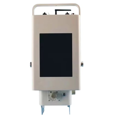 Beige incubator device with black display panel, front-facing view showing handle and control interface at bottom
