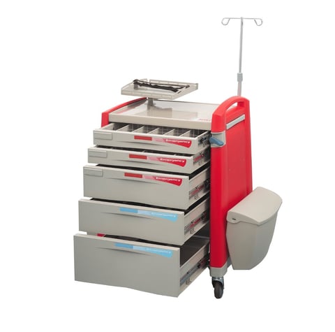Red medical cart with multiple gray drawers, IV stand, and waste bin on wheels