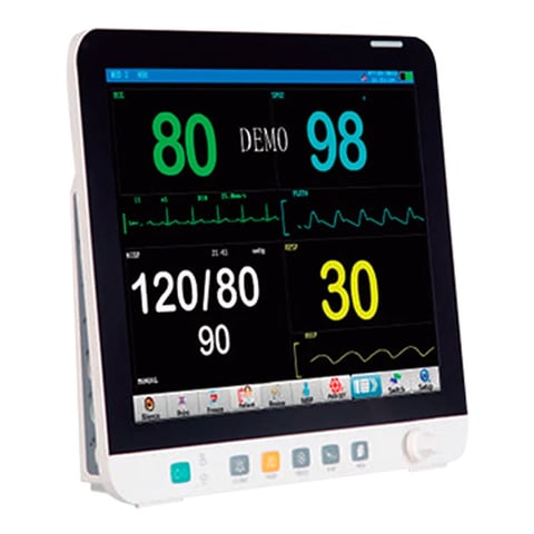 Medical patient monitor displaying vital signs including heart rate, blood pressure, and oxygen saturation on a touchscreen interface