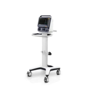 Mobile ultrasound machine on wheeled stand with monitor mounted on adjustable arm