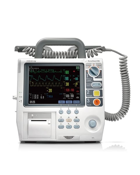 Mindray medical defibrillator monitor with display screen showing patient vitals and integrated defibrillation pads