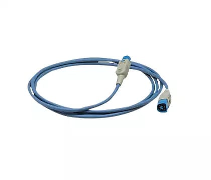 Blue coiled medical cable with connector plugs on each end