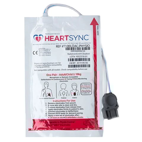 HeartSync defibrillator pads package with electrode applicator cable for adult and child use