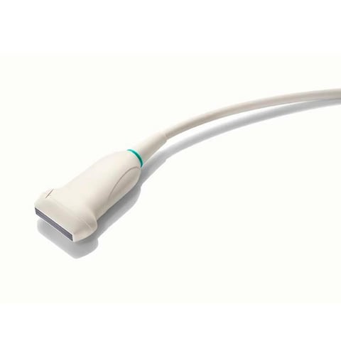 White ultrasound probe with turquoise band and curved cable against white background