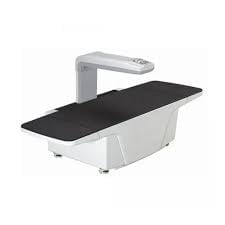 White and black document scanner with angled glass scanning bed and gray arm