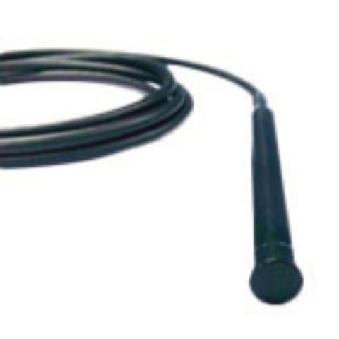 Black jump rope with coiled cord and handle against white background