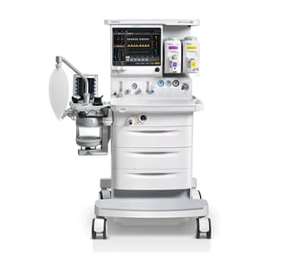 Medical anesthesia machine on wheels with control panel, monitor display, and gas delivery system