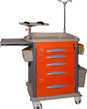 Orange medical crash cart with multiple drawers, shelving, IV stand, and wheels for emergency equipment transport
