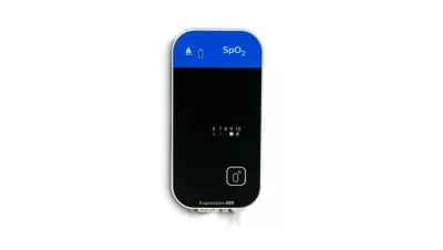 Pulse oximeter device with blue top display showing SpO2 reading and digital controls on black screen