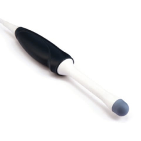 Digital stylus pen with black grip and white barrel, featuring a rounded gray tip