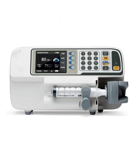Medical infusion pump with digital display showing 80 ml/hr rate, control panel, and syringe drive mechanism on white background