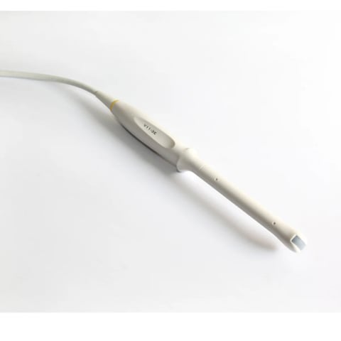 Beige ultrasound probe with cable attached, displayed diagonally on white background
