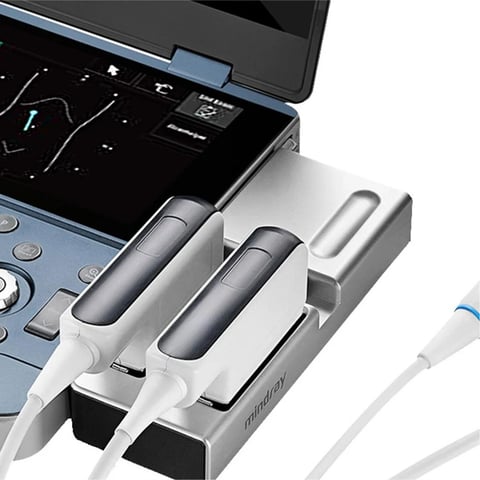 Medical ultrasound machine with two transducer probes in charging dock and cable attached