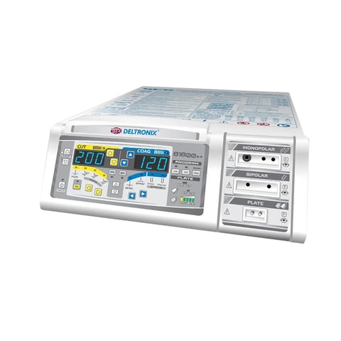 Deltronix digital instrument with blue display screen showing measurements and control buttons on white desktop unit