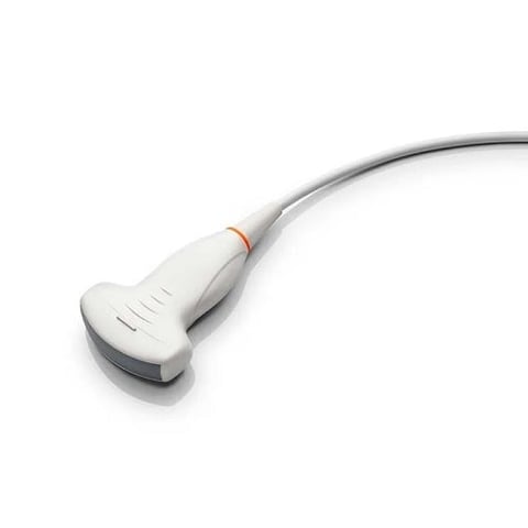 White medical ultrasound probe with gray cable and orange band on white background