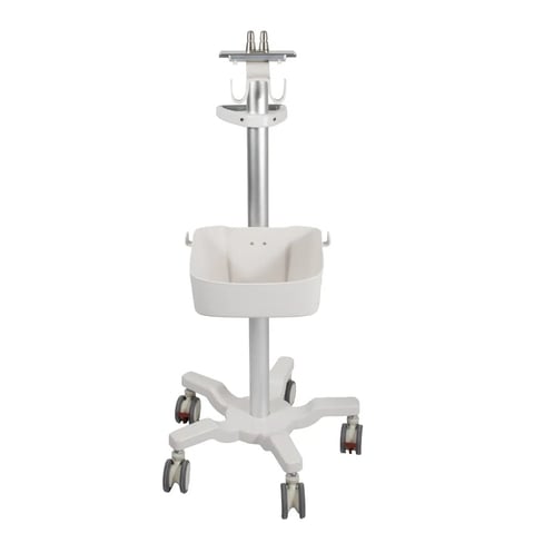 Mobile medical cart stand with white basket and wheeled base for hospital equipment