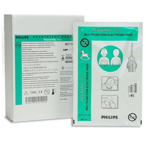 Philips pediatric defibrillator electrode pads packaging showing front and back boxes with product details and usage instructions