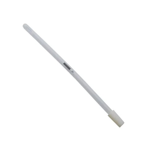 Gray and white stylus pen with rounded tip, angled diagonally on white background
