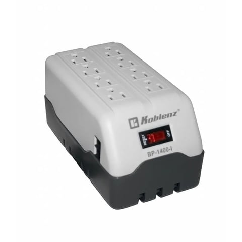 Koblenz voltage regulator with white top and black base, featuring multiple power outlets and digital display