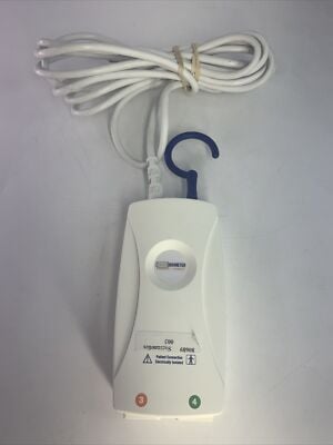 White electric heating dehumidifier device with coiled cable and blue hook attachment
