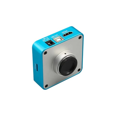 Blue and silver compact camera with lens for medical imaging
