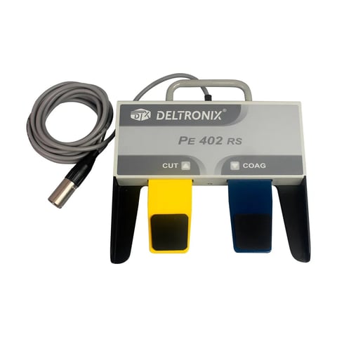 Deltronix PE 402 RS ultrasonic testing device with yellow and blue contact pads and attached cable