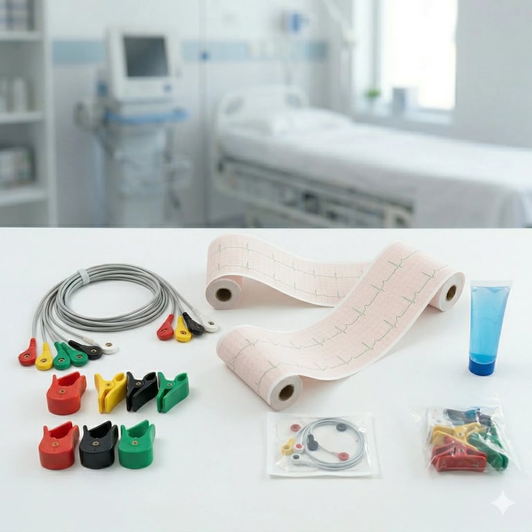 Electrocardiography equipment components including ECG cable with colored leads, recording paper, and medical supplies arranged on white surface
