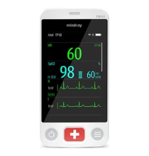 Portable pulse oximeter device displaying oxygen saturation at 98% and heart rate of 60 bpm with waveform graphs