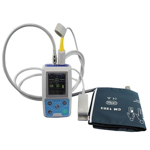 Portable pulse oximeter with digital display and cuff attached to blood pressure monitor device