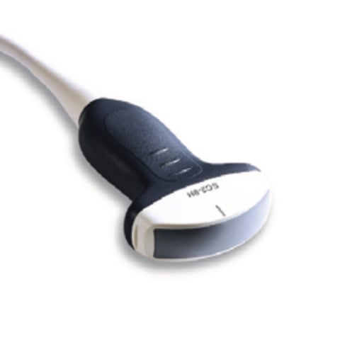 Ultrasound probe with dark blue handle and white scanning head attached to gray cable