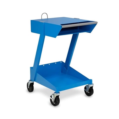 Blue mobile utility cart with two shelves, locking casters, and hinged top drawer on wheels
