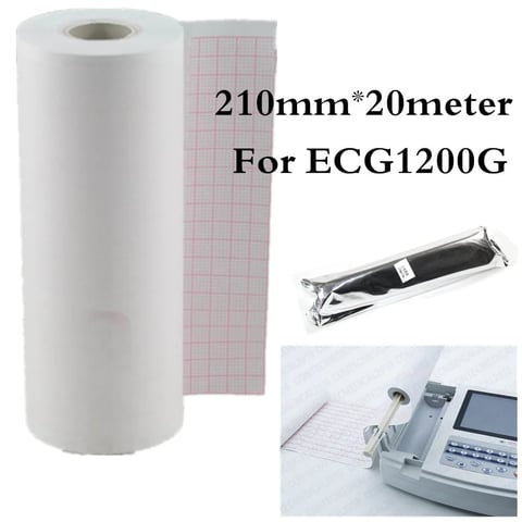 ECG thermal paper roll 210mm x 20 meter with grid pattern, ink roller, and ECG machine shown in use