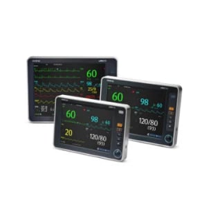 Three digital patient monitor displays showing vital signs including heart rate and blood pressure readings