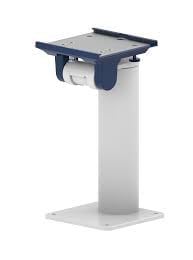 Pedestal-mounted hand sanitizer dispenser with dark blue top and white cylindrical stand