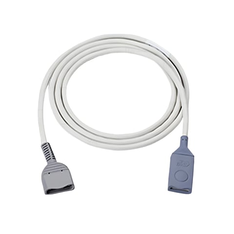 Coiled white medical cable with gray connectors on both ends