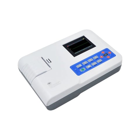Portable medical electrocardiogram ECG machine with white housing, thermal printer, and blue control panel keypad