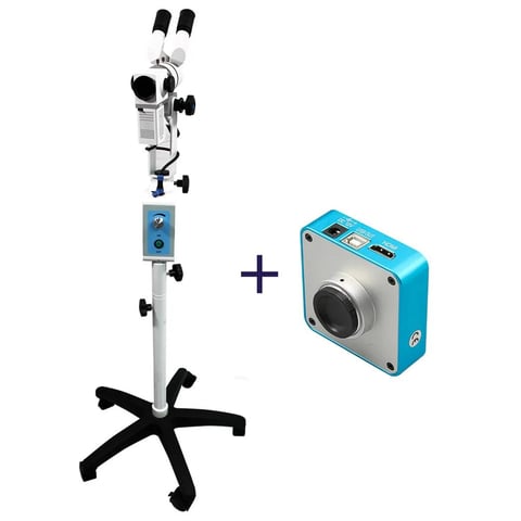Medical microscope on stand with blue digital camera accessory displayed side by side on white background