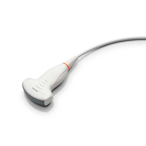White medical ultrasound probe with gray cable and orange accent ring on white background