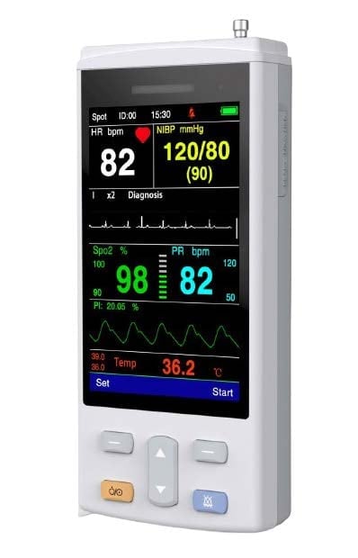 Handheld vital signs monitor displaying heart rate of 82 bpm, blood pressure 120/80, oxygen saturation 98%, and body temperature 36.2 degrees Celsius