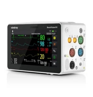 Mindray SureFlex V1 portable patient monitor displaying vital signs including oxygen saturation, heart rate, and blood pressure on its touchscreen display with control buttons on the right side