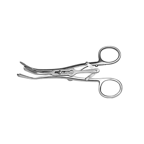 Curved surgical scissors with oval finger rings and serrated blades on white background