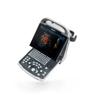 Portable ultrasound machine with touchscreen display, control buttons, and probe attachment on white background
