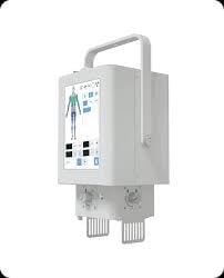 Compact medical infusion pump with carrying handle and digital control panel displaying screen and buttons